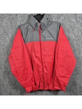 Columbia Jacket Mens Medium Red/Gray Raincoat Windbreaker Hooded Packable Y2K